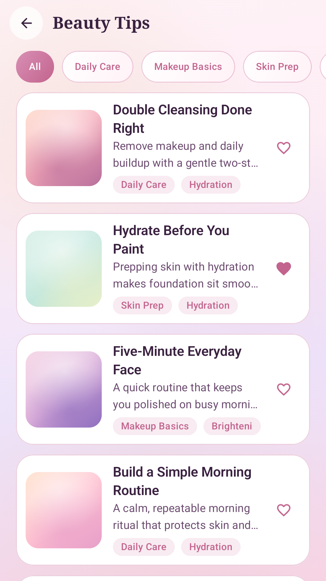 Radiant Beauty Guide screen showing beauty tips